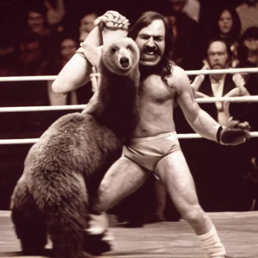 Prompt: maniac john dundee wrestling a bear. madison square garden, 1 9 7 2.