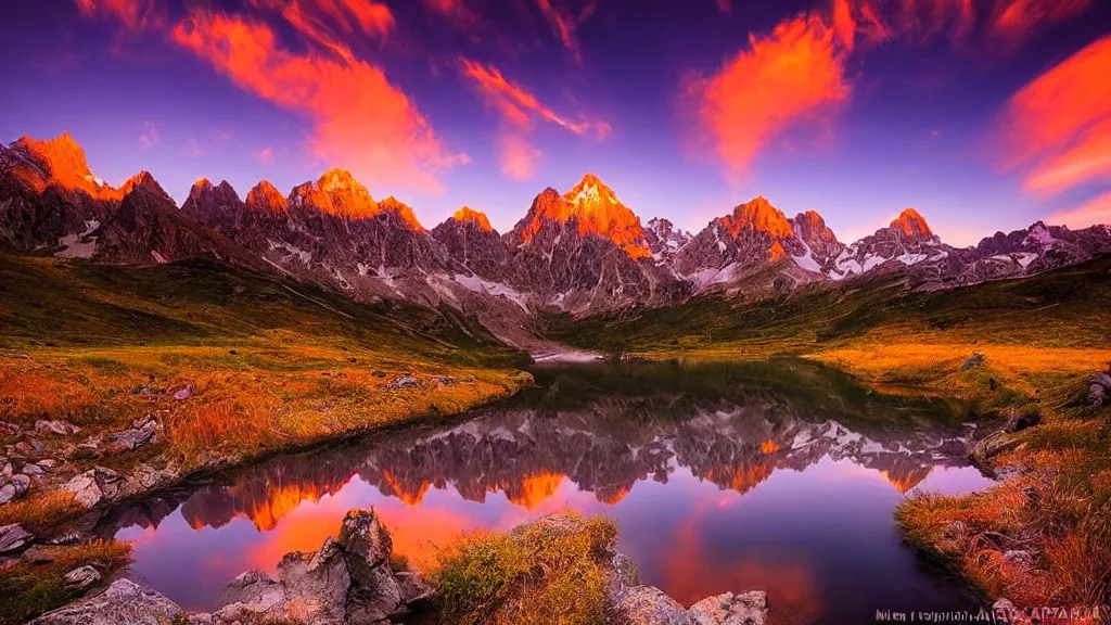 Prompt: amazing landscape photo of mountains with lake in sunset and purple sky by marc adamus, beautiful dramatic lighting