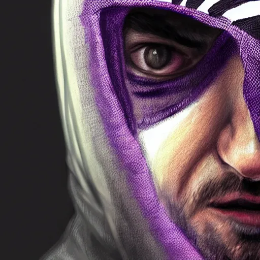 Image similar to ultra realistic illustration, man in a black hood, in a striped purple balaclava, mysterious, highly detailed, digital painting, artstation, concept art, smooth, sharp focus, illustration