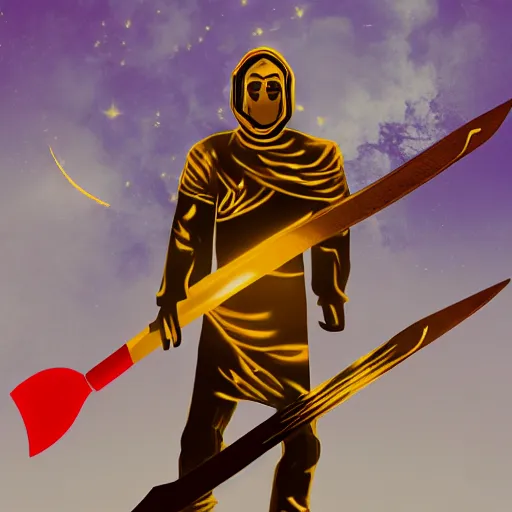 Prompt: golden man holding a sword obsidian sword sword on fire (Foggy forest backdrop) (red crescent moon) (white fog)