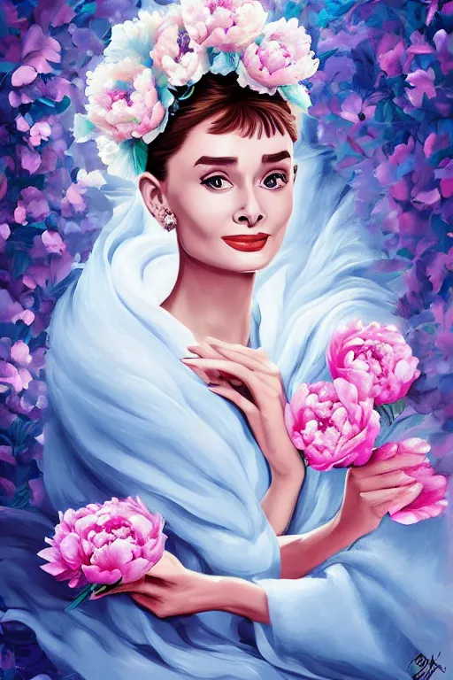 Prompt: beautiful digital painting audrey hepburn and blue peonies, by Georgia O'Keeffe, Carmelo Blandino, Cyril Rolando, artstation, Behance, 4K,