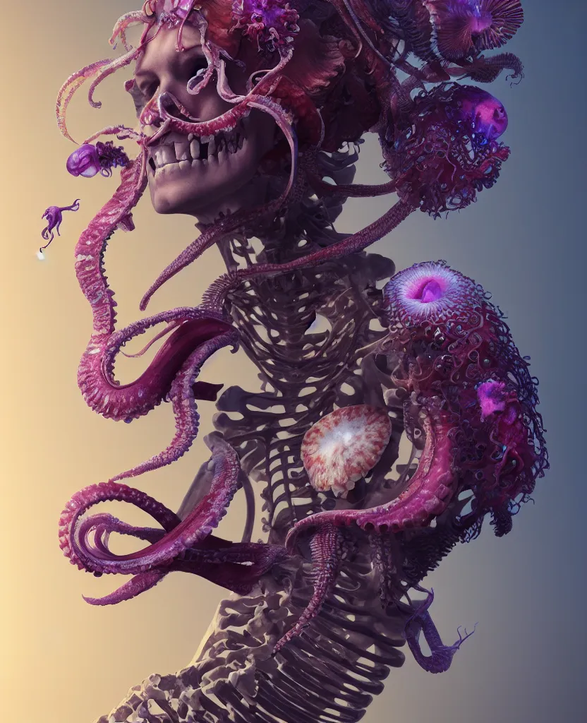 Image similar to goddess close - up portrait human skeleton, ram skull, squid phoenix jellyfish, orchid, betta fish, bioluminiscent, intricate artwork by tooth wu and wlop and beeple. octane render, trending on artstation, greg rutkowski very coherent symmetrical artwork. cinematic, hyper realism, high detail, octane render, 8 k