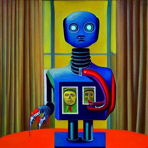 Image similar to super - intelligent robot with kind eyes portrait, lowbrow, pj crook, grant wood, edward hopper, oil on canvas