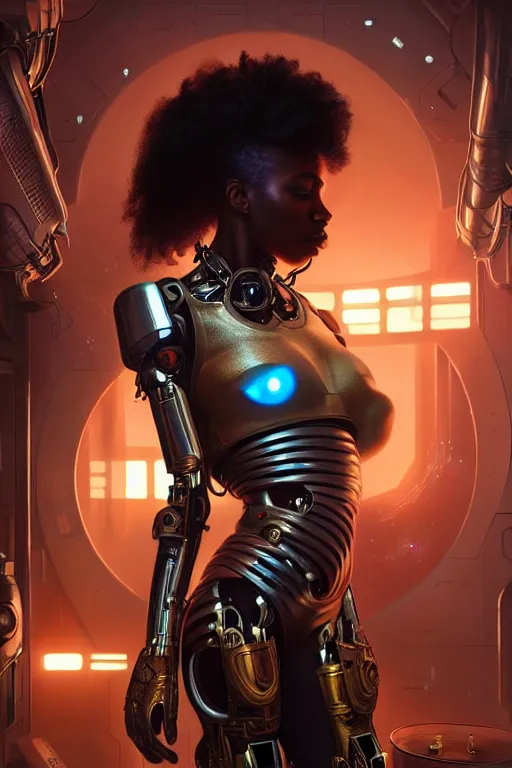 Image similar to ultra realistic, beautiful female african cyborg in a crowded smoky cyberpunk club in space megalopolis, sci - fi, intricate details, eerie, highly detailed, octane render, 8 k, art by artgerm and alphonse mucha and greg rutkowski