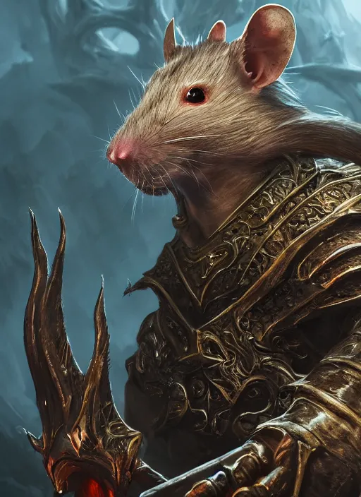 Prompt: rat king, ultra detailed fantasy, elden ring, realistic, dnd character portrait, full body, dnd, rpg, lotr game design fanart by concept art, behance hd, artstation, deviantart, global illumination radiating a glowing aura global illumination ray tracing hdr render in unreal engine 5