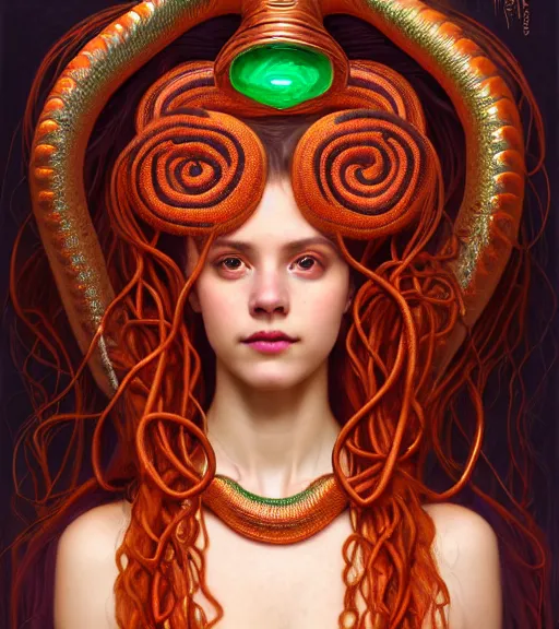 Image similar to portrait of teenage medusa, snake hair, naughty smile, wearing an embroidered orange tunic, intricate, sensual, sultry, elegant, copper and emerald jewelry, glowing lights, seductive, highly detailed, digital painting, artstation, concept art, smooth, sharp focus, illustration, art by wlop, mucha, artgerm, and greg rutkowski
