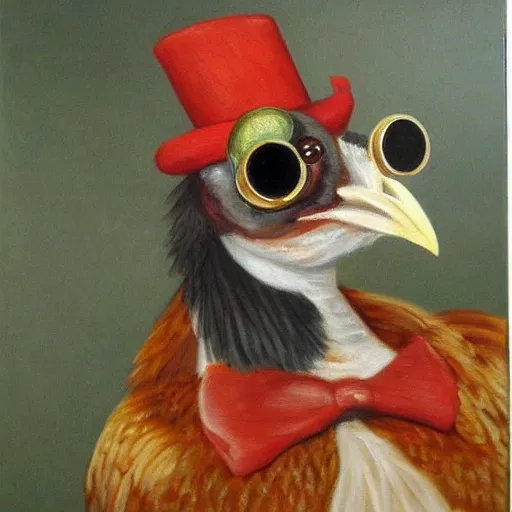 Image similar to a chicken butler, fancy mustache, monocle, highly detail, oil painting , accurate anatomy,