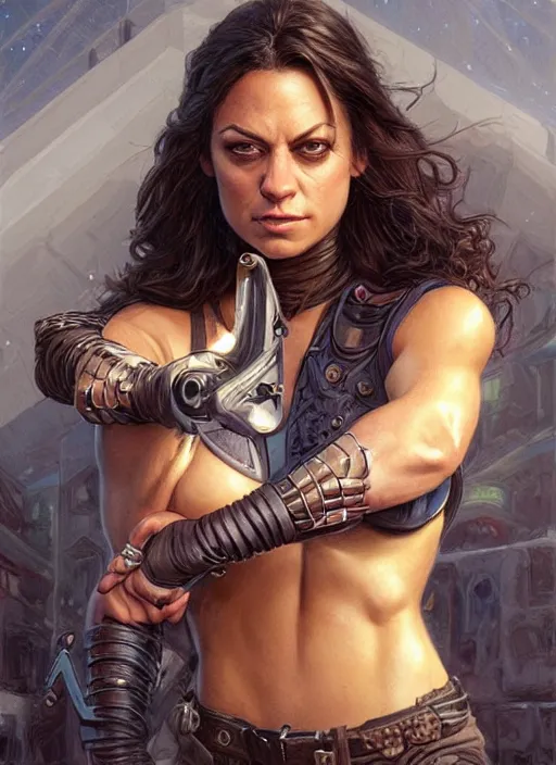 Image similar to muscled Mila Kunis grinning as a ruggedly handsome heroine, intricate, elegant, highly detailed, centered, artstation, concept art, smooth, sharp focus, illustration, bokeh art by artgerm and donato giancola and Joseph Christian Leyendecker, WLOP