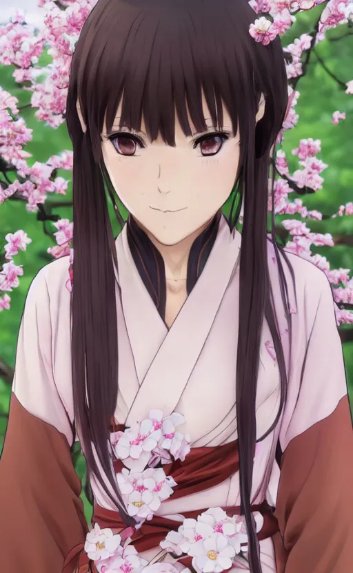 Image similar to anime style, gta 5, portrait of girl, yukata clothing, sakura tree in background, brown short hair, hair down, symmetrical facial features, from arknights, hyper realistic, sad eyes, extreme detail, 4 k drawing, safebooru, realistic lighting, by alphonse mucha, greg rutkowski, sharp focus, backlit