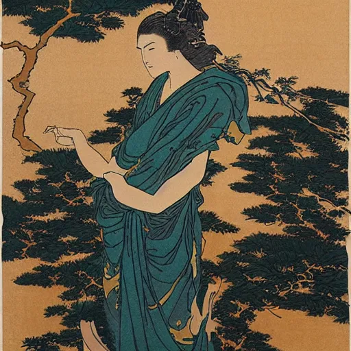 Prompt: Rhea The Goddess of Nature in a desert, by Hokusai and James Gurney