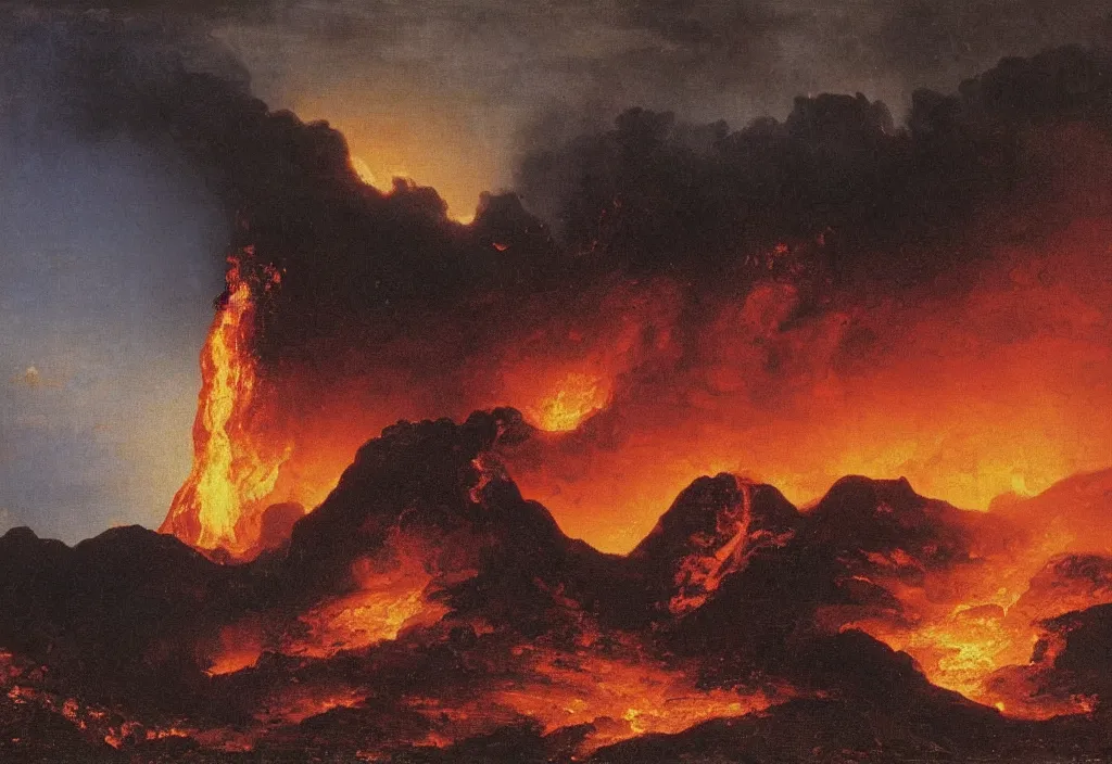 Image similar to a beautiful painting of a volcano oozing lava, pyroclastic clouds forming by albert bierstadt, high resolution, excellent contrast, morning