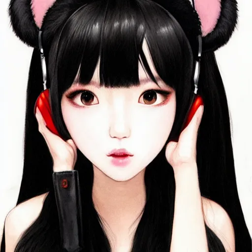 Prompt: realistic beautiful gorgeous natural cute Blackpink Lalisa Manoban black hair cute fur black cat ears, wearing white camisole, headphones, black leather choker artwork drawn full HD 4K highest quality in artstyle by professional artists WLOP, Taejune Kim, Guweiz on Pixiv Artstation