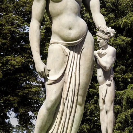Image similar to long shot photo of a soapstone Art Deco statue of ancient greek religion god Hades wearing a tunic, sculped by Paul Landowski,Jean Dupas, Tamara de Lempicka, Reginald Marsh, Rockwell Kent, and Diego Rivera,long shot,wide shot,low angle,Sigma 85 mm f/1.4,very detailed,unreal-engine,city in the background