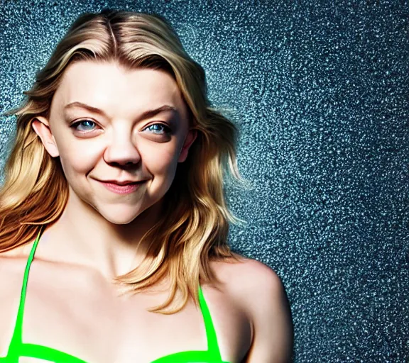 Prompt: portrait of goofy natalie dormer, overhead angle, wide opened eyes, queasy smile, next to a mirror, wearing pearl neon bikini, full hd, uhd, 4 k, 8 k, 1 6 k, 1 petapixel image, nasa quality.