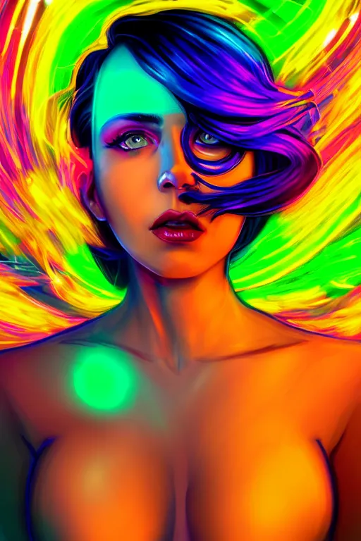 Image similar to a award winning half body portrait of a beautiful woman with stunning eyes in a croptop and cargo pants with hair made from rainbow colored smoke, outlined by whirling illuminated neon lines, outrun, vaporware, shaded flat illustration, digital art, trending on artstation, highly detailed, fine detail, intricate