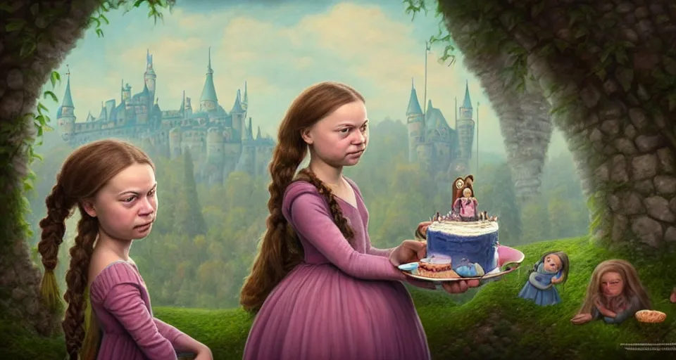 Image similar to closeup profile portrait of greta thunberg as a fairytale princess eating cakes with a a medieval goblin in the castle kitchen, nicoletta ceccoli, mark ryden, lostfish, max fleischer, hyper realistic, artstation, illustration, digital paint, matte paint, vivid colors, bright, cheerful, detailed and intricate environment