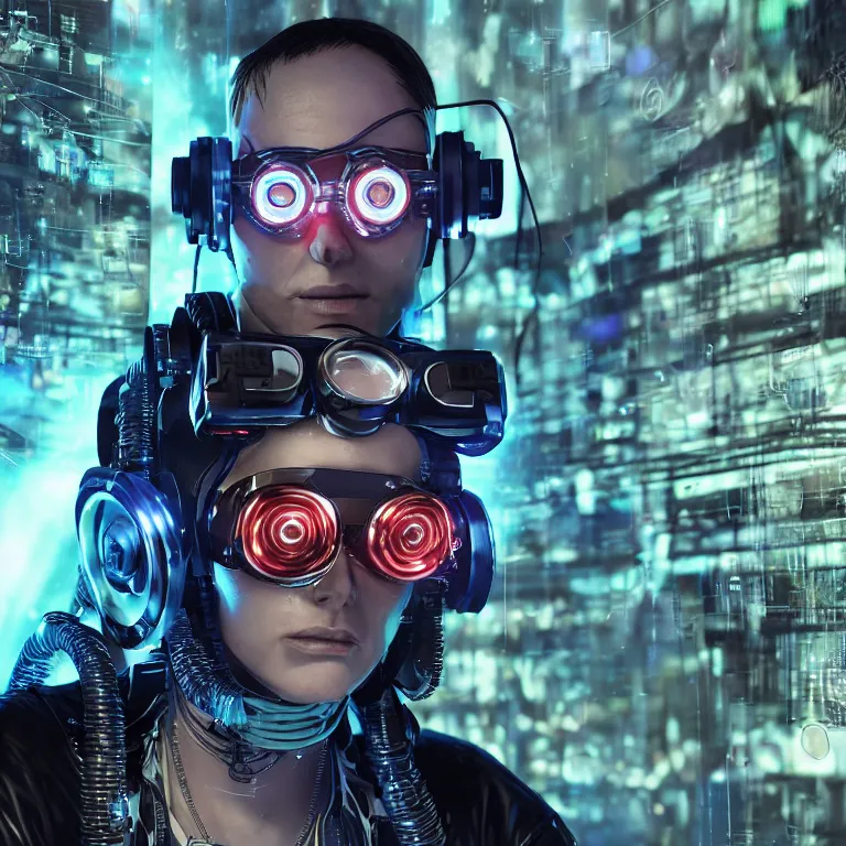 Image similar to octane render portrait by wayne barlow and carlo crivelli and glenn fabry, a cybernetic sythwave cyberpunk futuristic dj with glowing 8 - bit display goggles and a giant clear plastic ventilator mask connected to a long ribbed tube, light from futuristic dj dashboard, cinema 4 d, ray traced lighting, very short depth of field, bokeh