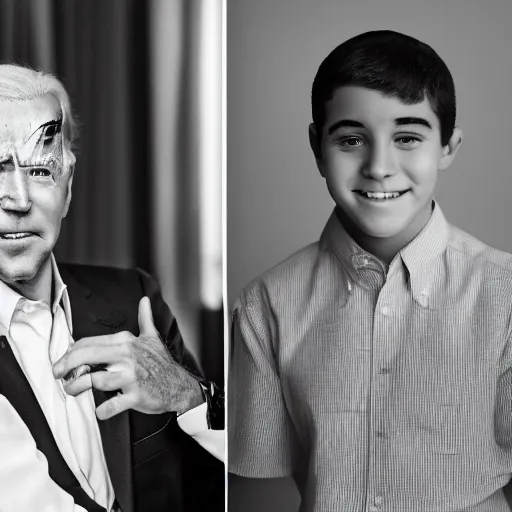 Image similar to A portrait photo of joe biden teams up with a teenage joe biden, perfect faces, 50 mm, award winning photography