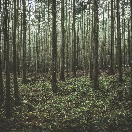 Prompt: forest growing inside of a warehouse, professional photography