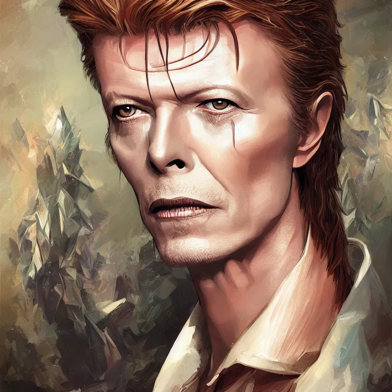 Image similar to portrait of David Bowie, fantasy, intricate, elegant, highly detailed, digital painting, artstation, concept art, smooth, sharp focus, illustration, art by artgerm and greg rutkowski and alphonse mucha