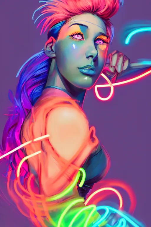 Image similar to a award winning half body portrait of a beautiful woman with stunning eyes in a off shoulder croptop and cargo pants with rainbow colored hair, outlined by whirling illuminated neon lines and fine lines swirling in circles by jesper ejsing and rhads and makoto and shinkai and lois van baarle, digital art, trending on artstation