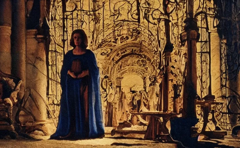 Image similar to scene from cosmologica ( 1 9 6 9 ), a movie by luchino visconti showing a man leaving the medieval cosmos to enter the new modern universe in the style of renaissance cosmological painting. cinematic, technicolor, direct lighting, highly detailed, highly intricate.