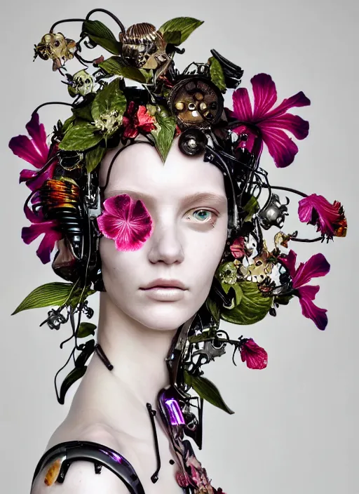 Image similar to fragile delicate biomechanical young female cyborg with porcelain translucent profile face and a big floral eye, big leaves foliage and stems, hibiscus flowers, boho floral fashion by alexander mcqueen, rim light, art nouveau fashion pearl embroidered collar, steampunk, on black background