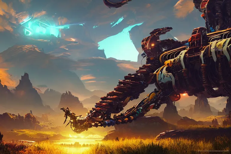 Image similar to scorcher machine mecanical creature robot of horizon forbidden west horizon zero dawn radiating a glowing aura global illumination ray tracing hdr fanart arstation by ian pesty and alena aenami artworks in 4 k