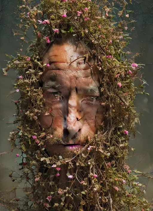 Image similar to a man with a flowery bush instead of a head, intricate roots, highly detailed, concept art, hyperrealistic, oil painting by greg staples, 8 k