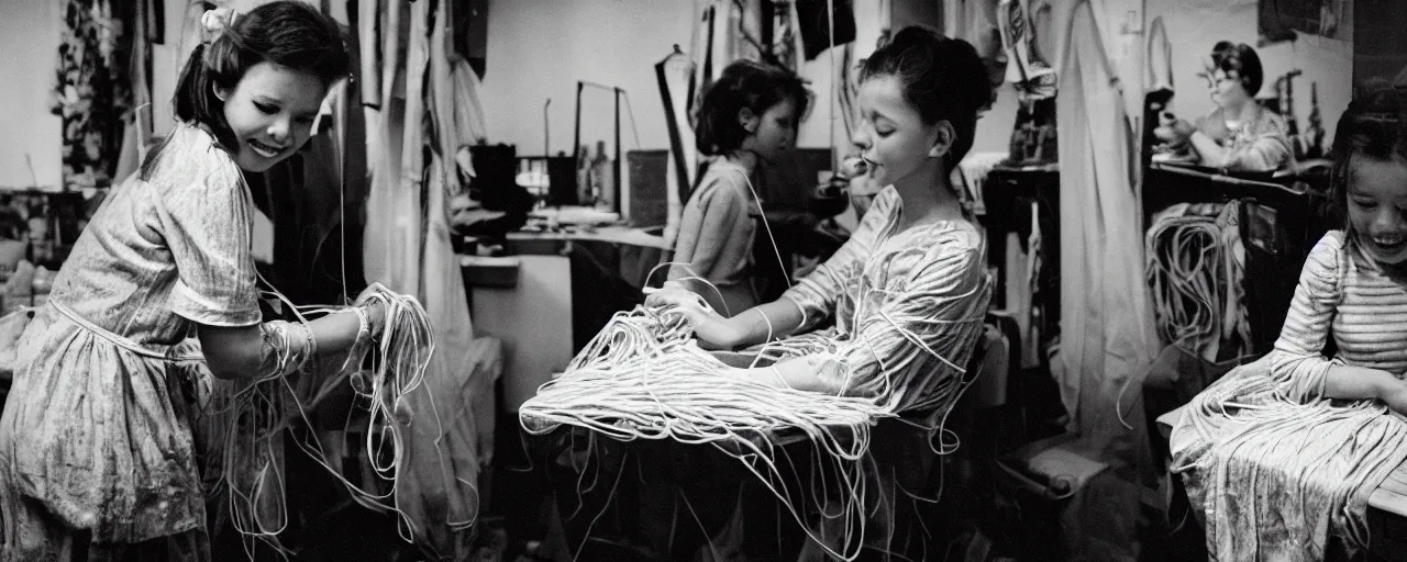 Prompt: a seamstress sewing a dress made of spaghetti, an excited girl in the background, facial expression, canon 5 0 mm, cinematic lighting, photography, retro, film, kodachrome, closeup