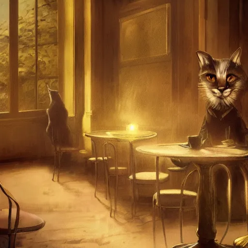 Image similar to brown cat with yellow eyes is sitting at table in a cafe at paris in early 2 0 th century. atmospheric feeling, warm colours, brown colours, yellow colours, epic scene, cinematic, very detailed, concept art, trending on artstation