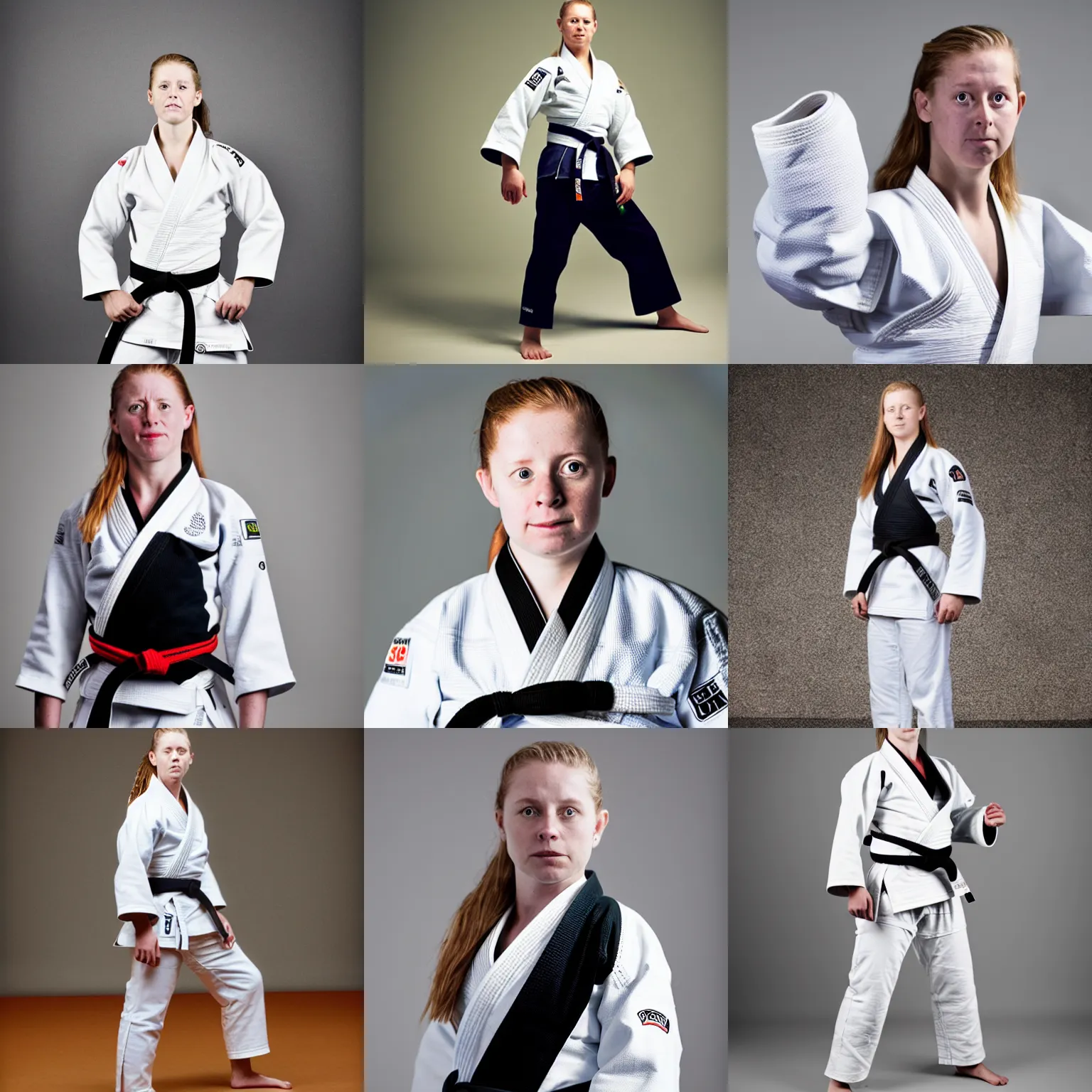 Prompt: Simone Giertz as a black belt judo master, wearing a white gi, portrait photography by Annie Leibovitz