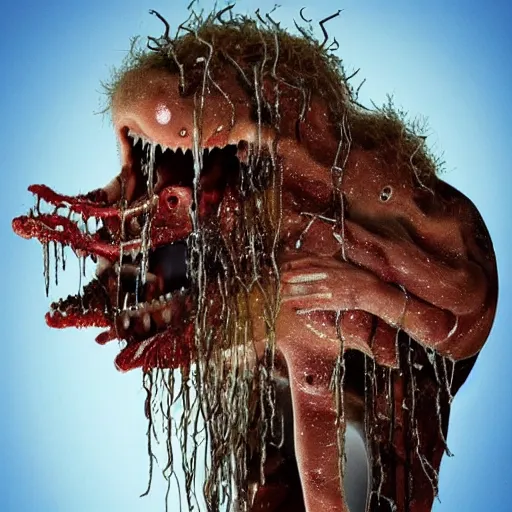 Prompt: a very strange creature made of cronenberg schmutz and drips, skin parts, fuzzy disgusting teeth, saliva nasty