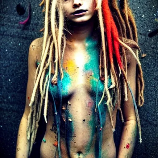 Image similar to astonishingly beautiful woman in tattered clothes revealing body, blonde dreadlocks, make up, vivid colors