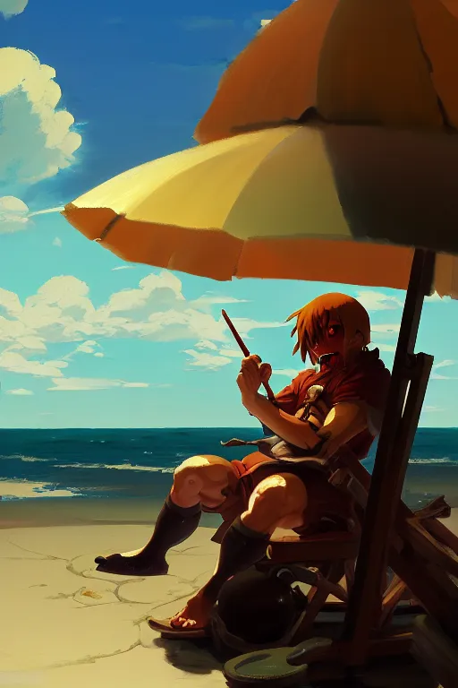 Image similar to baroque oil painting of anime key visual concept art of doom guy relaxing in a beachside resort, acrylic painting, trending on pixiv fanbox, palette knife and brush strokes, style of makoto shinkai jamie wyeth james gilleard edward hopper greg rutkowski studio ghibli genshin impact