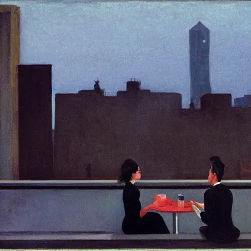 Image similar to a small rooftop with a couple of people sitting and watching the view, wearing black modern clothes, modern shanghai bund is on the background, sunset, by edward hopper, by gregory crewdson