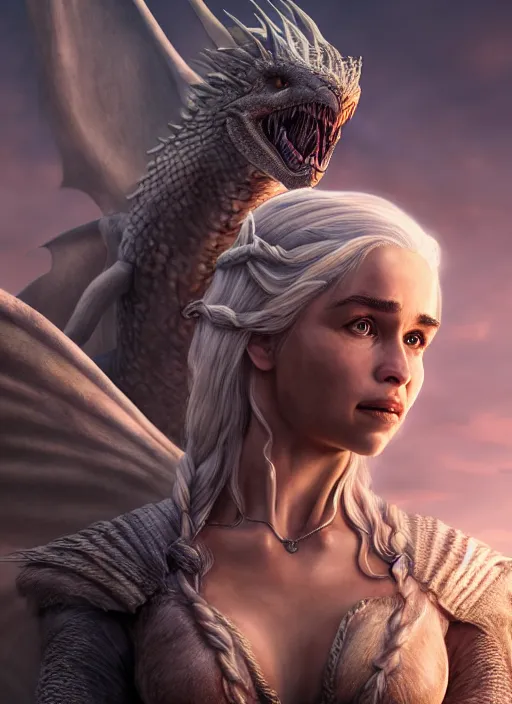 Prompt: An epic fantasy comic book style portrait painting of Daenerys Targaryen and her dragons, Unreal 5, DAZ, hyperrealistic, octane render, cosplay, RPG portrait, dynamic lighting