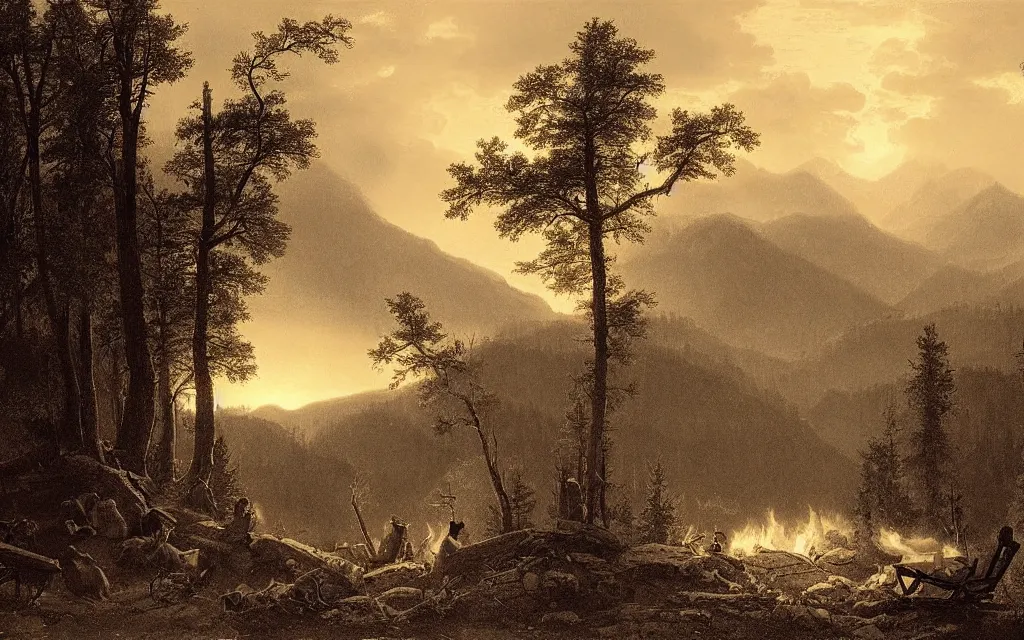 Image similar to campfire on the edge of a forest overlooking a beautiful valley at dusk, cinematic lighting, intricate ink illustration, by albert bierstadt