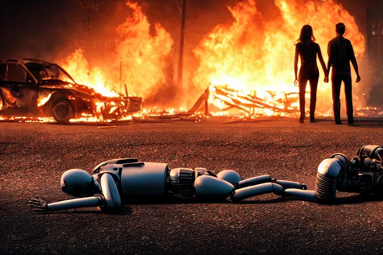 Image similar to vfx film closeup, dead robot couple on the ground holding hands, city street tire tracks fire. flat color profile low - key lighting award winning photography arri alexa cinematography, hyper real photorealistic cinematic atmospheric cool colorgrade