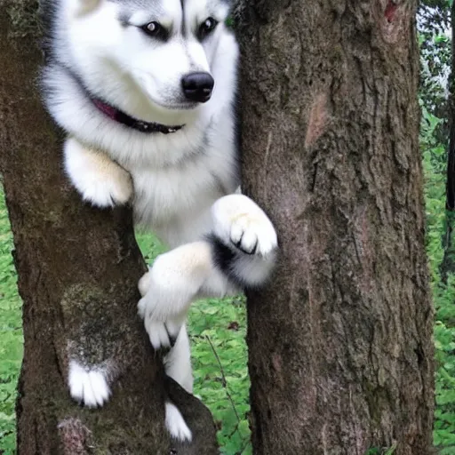 Image similar to husky stuck in an extremely tall tree