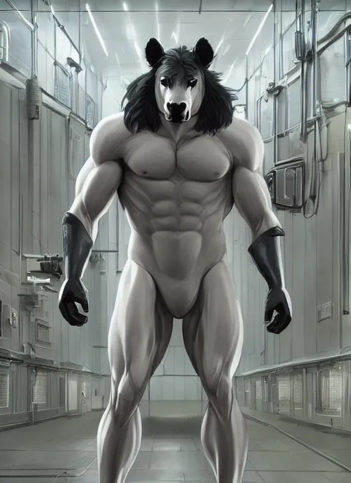 Image similar to splash art of an enormously muscular male anthro horse in a research facility wearing a skintight body armor, long white mane, furaffinity, anthro art, 8 k, unreal engine, by greg rutkowski, makoto shinkai and lois van baarle, ilya kuvshinov, rossdraws, tom bagshaw