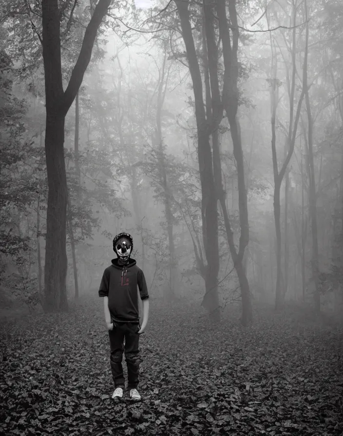 Prompt: teenage boy wearing a skull mask in the woods, fog background, by sally mann