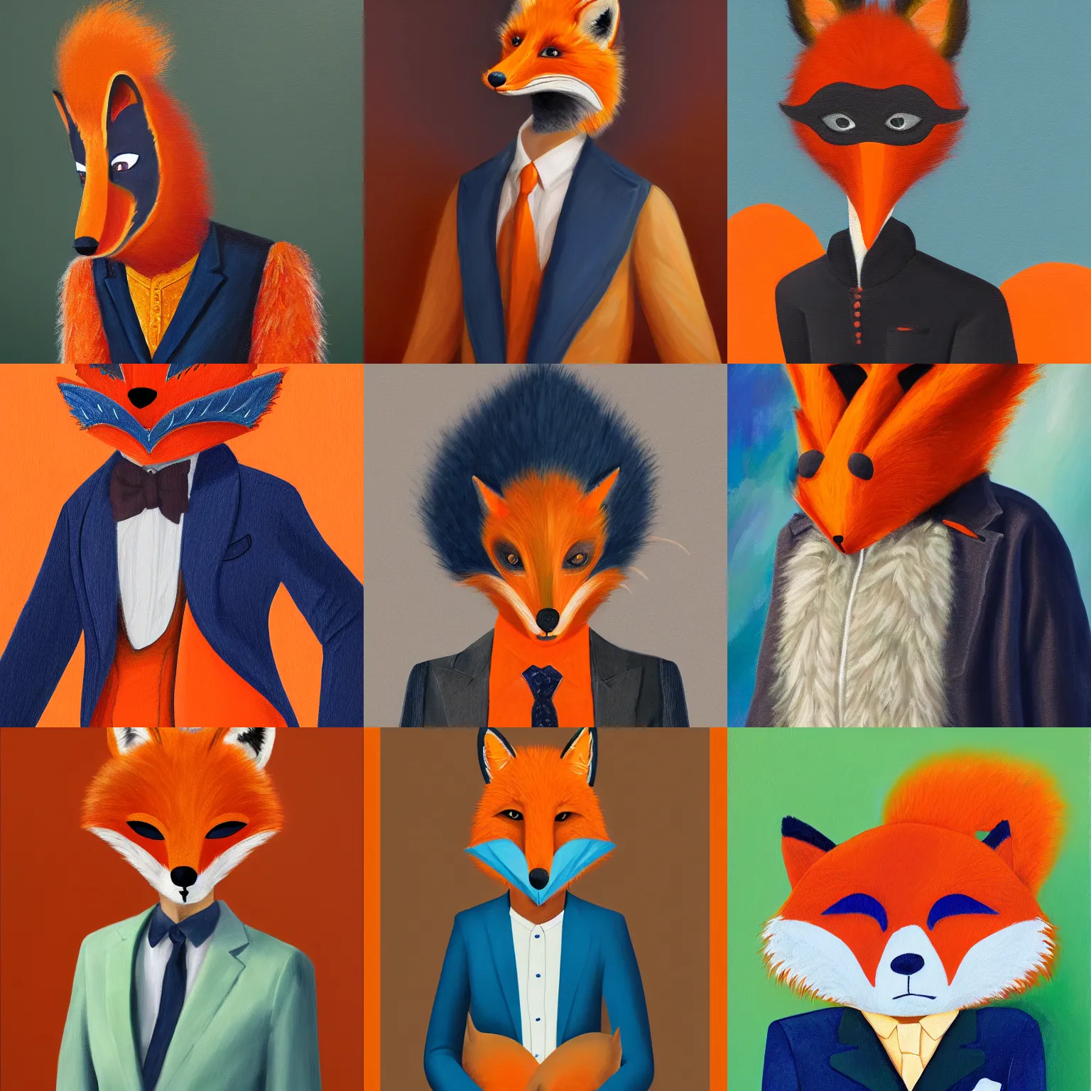 Prompt: Young man wearing an orange-gala-fox-mask, darkblue suit and fluffy foxtail, illustration, painting on oil canvas, 4k, 8k, HD