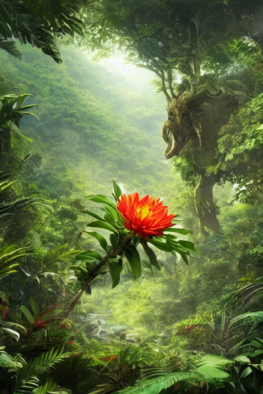 Prompt: a giant exotic flower in the exotic jungle, landscape, alex ross, david finch, concept art, matte painting, highly detailed, rule of thirds, dynamic lighting, cinematic, detailed, denoised, centerd