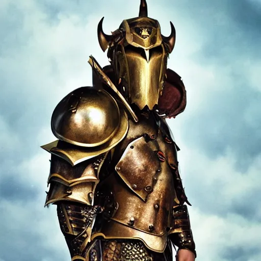 Prompt: a half - length portrait photo of a dragonborn paladin, vogue magazine