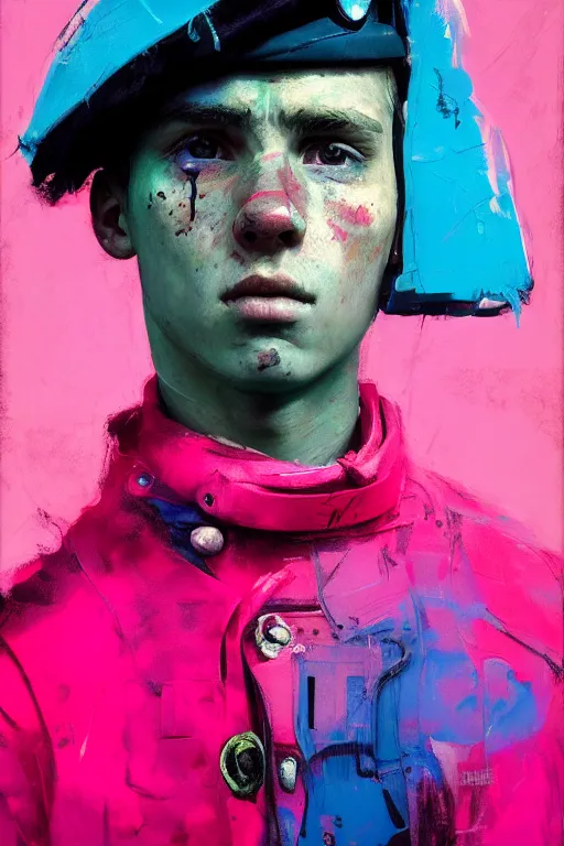 Image similar to portrait of a young soldier boy nor living in a death postapoliptic world, painted in acrylic, pigment, in the colors hot pink and cyan, beautiful realistic face, rule of thirds, dutch soldier outfit, spotlight, by greg rutkowski, by jeremy mann, by francoise nielly, by van gogh, digital painting