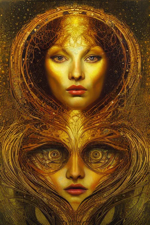 Image similar to The Heart of Gold by Karol Bak, Jean Deville, Gustav Klimt, and Vincent Van Gogh, otherworldly, fractal structures, arcane, prophecy, ornate gilded medieval icon, third eye, spirals