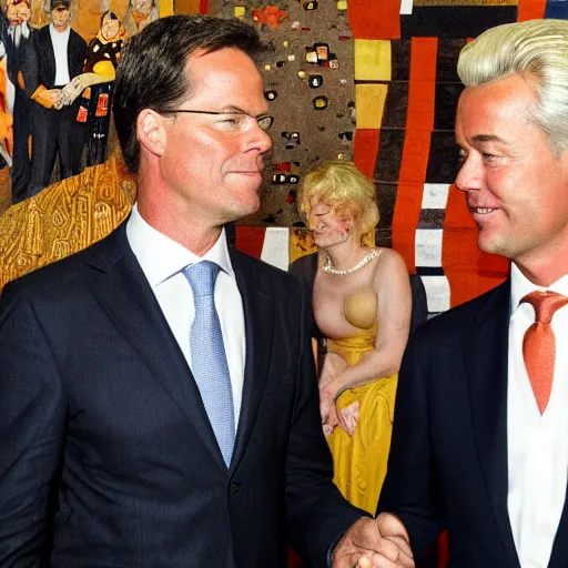 Image similar to mark rutte and geert wilders holding hands while looking at each other in the style of gustav klimt