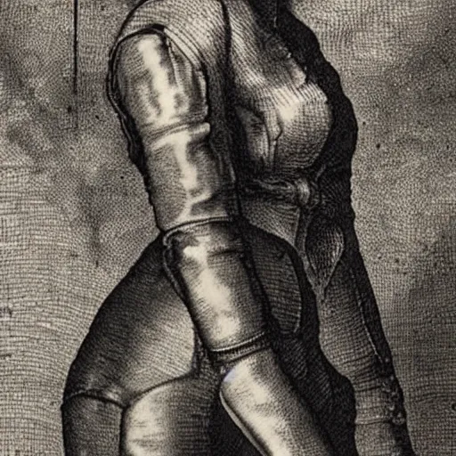 Prompt: engraving of scarlet johansson in leather by albrecht durer