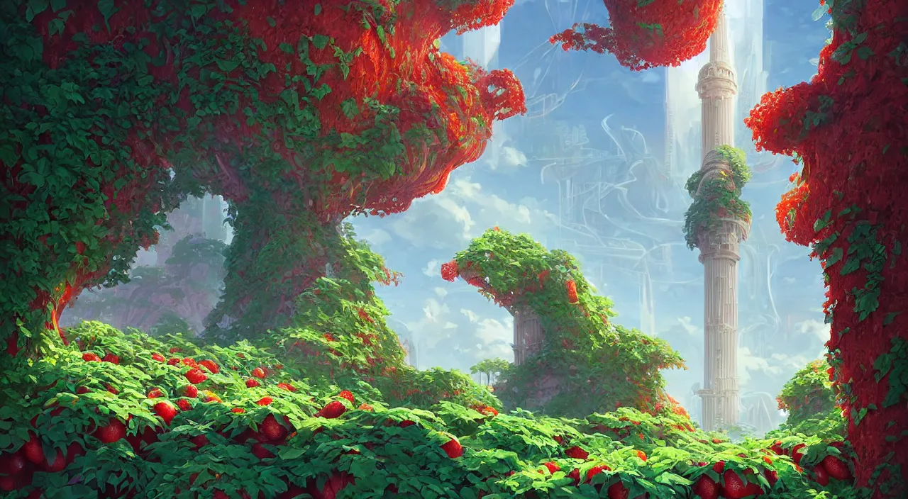 Image similar to Strawberry bushes fall time futuristic temple of olympus glory sci-fi city of Atlantis hill valley grec greeble wood bridge painting of tower ivy plant in marble , behance hd by Jesper Ejsing, by RHADS, Makoto Shinkai and Lois van baarle, ilya kuvshinov, rossdraws global illumination